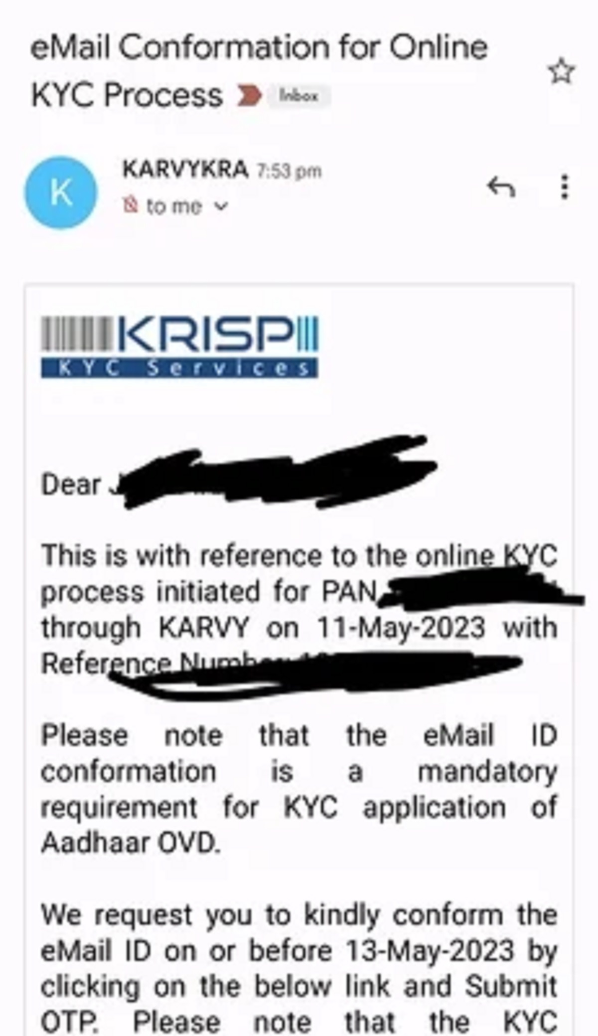 Karvy Data Management OTP received, scam