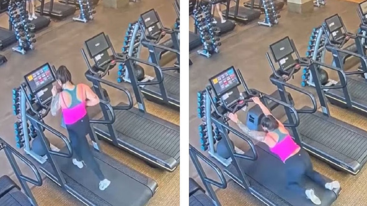 Woman losing pants at the gym